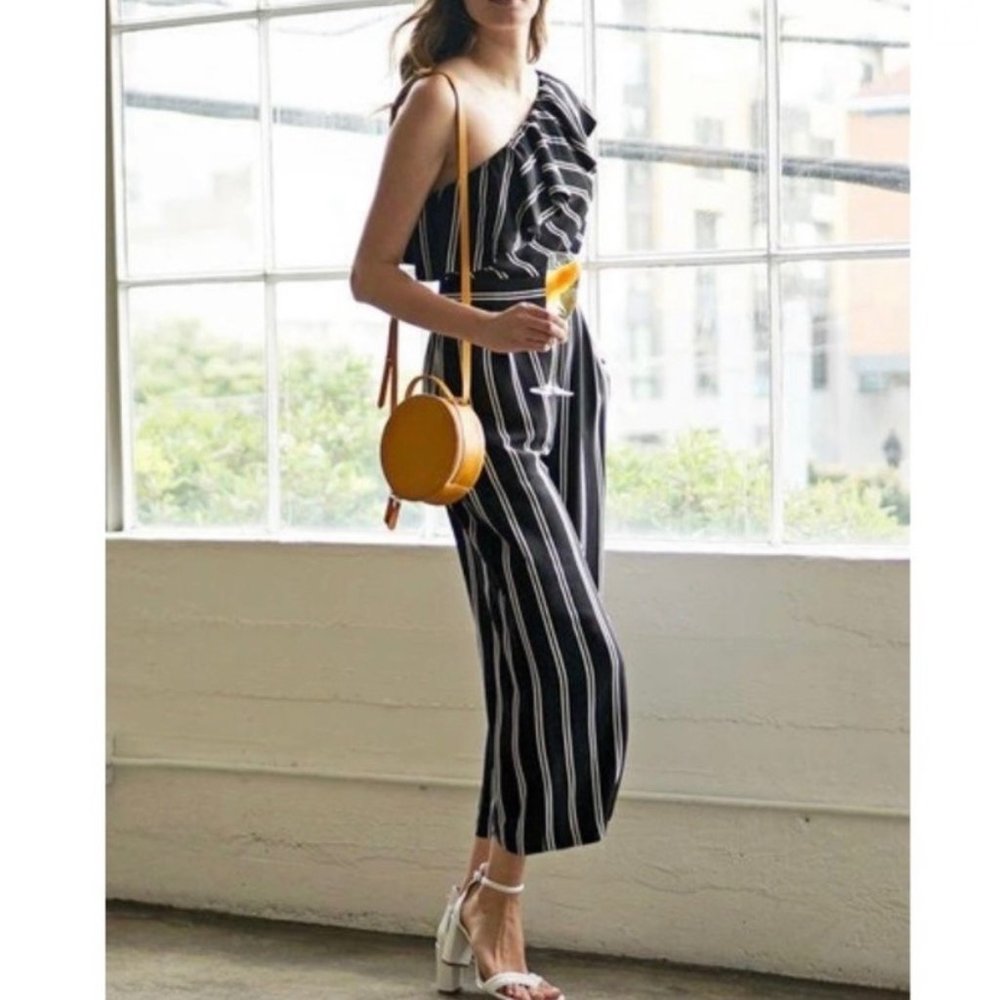 Laundry Black And White Striped One Shoulder Ruffle Jumpsuit Size 10